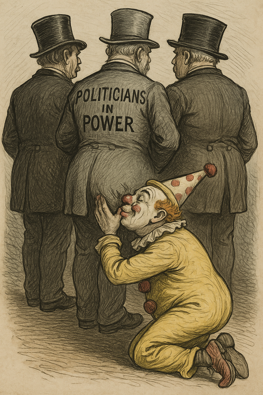 Political satire illustration of a clown adoring politicians labeled ‘Politicians in Power,’ representing comedic obedience to authority