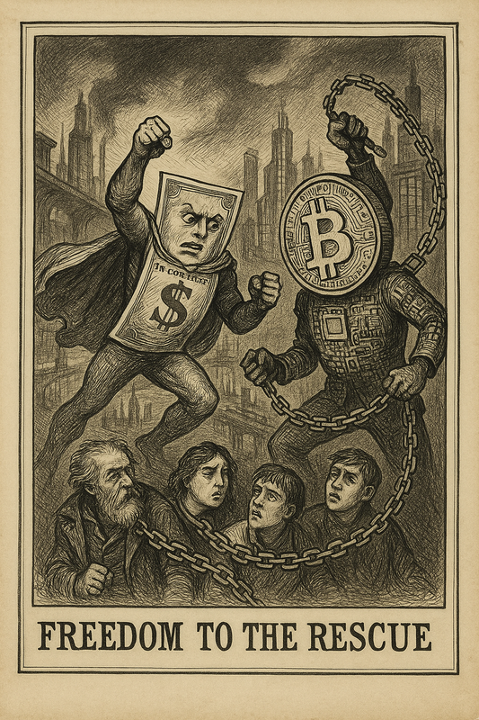 Vintage-style illustration of a heroic dollar bill figure fighting a Bitcoin-headed villain to free chained citizens, symbolizing cash as financial freedom.