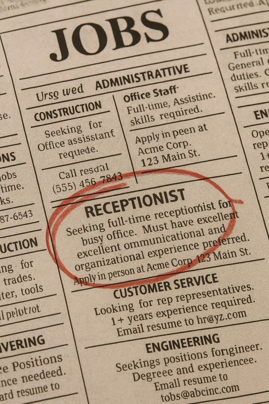Circled newspaper job listing for receptionist, symbolizing the job search challenges faced by the unemployed