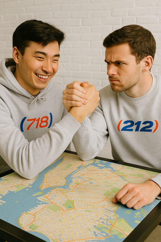 Two men arm wrestling over a New York City map table, one Asian in a 718 hoodie and one Caucasian in a 212 sweatshirt.