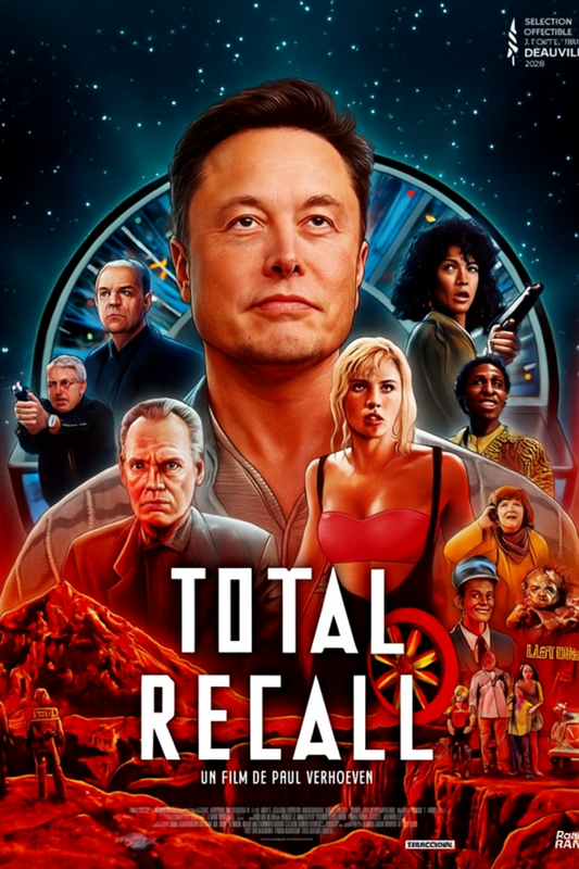 A reimagined movie poster for Total Recall featuring Elon Musk at the center, surrounded by characters and futuristic imagery inspired by the original film.