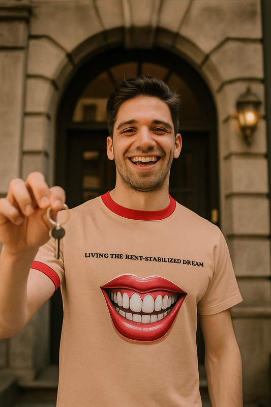 Smiling young man holding keys while wearing a beige ringer t-shirt with bold red lips graphic and the phrase “Living the Rent-Stabilized Dream.”