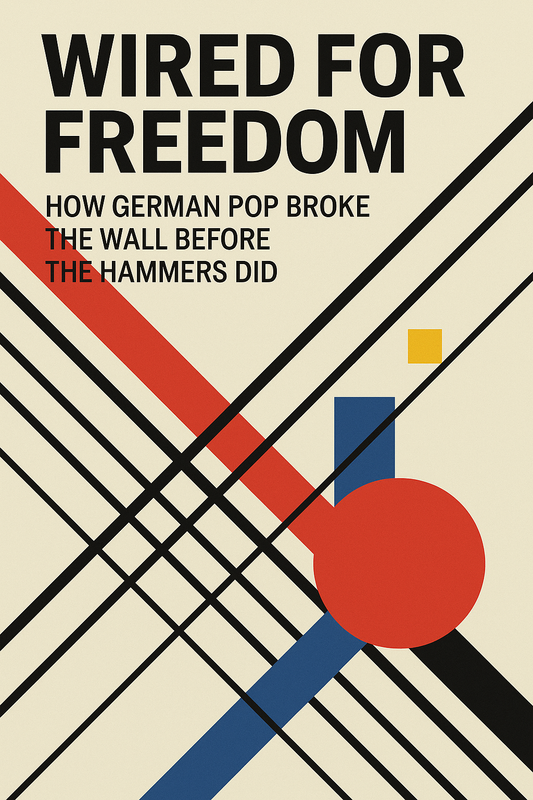 Modernist poster with bold lines and geometric shapes, titled “Wired for Freedom: How German Pop Broke the Wall Before the Hammers Did.