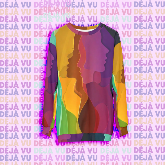 A vibrant sweatshirt with abstract, multicolored silhouettes against a "DEJA VU" patterned background, creating a surreal and dreamlike aesthetic.