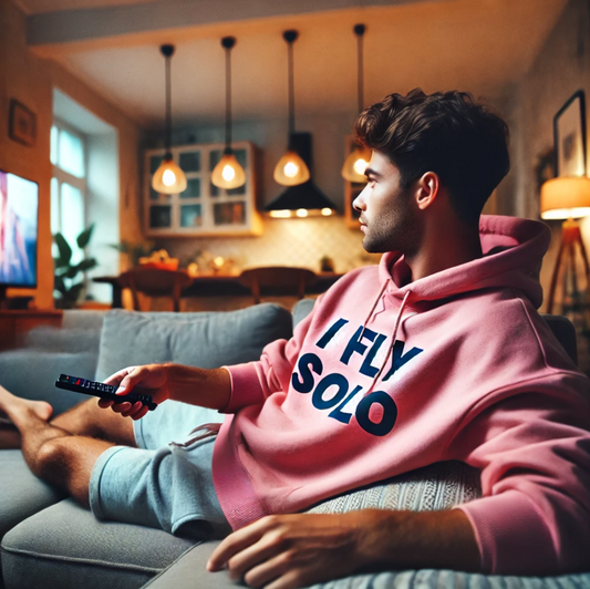 A young man lounges on a couch in a cozy living room, wearing a pink hoodie that reads “I FLY SOLO” while holding a TV remote.