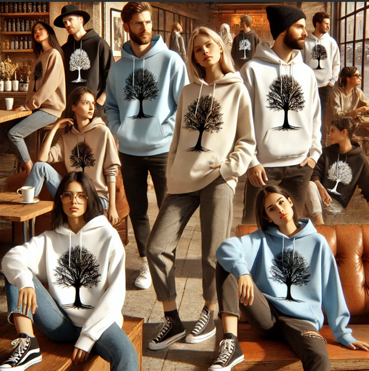 A group of young adults in a cozy coffee shop all wear hoodies with a black tree graphic, in neutral tones like beige, white, blue, and black.