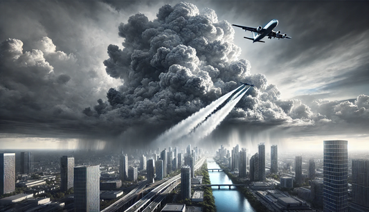 Illustration of a large cumulonimbus cloud over a modern city skyline with a plane performing cloud seeding, as stormwater floods the streets below.