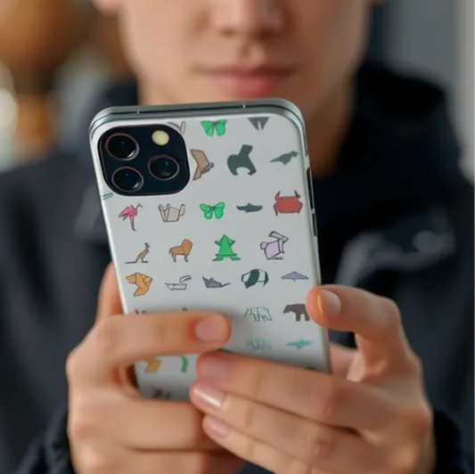 Close-up of hands holding a smartphone with a case featuring various origami animals, symbolizing the environmental cost of modern technology.