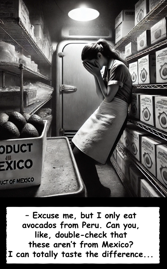 A distressed restaurant worker sits in a walk-in freezer, head in hands, surrounded by avocado boxes labeled “Product of Mexico.