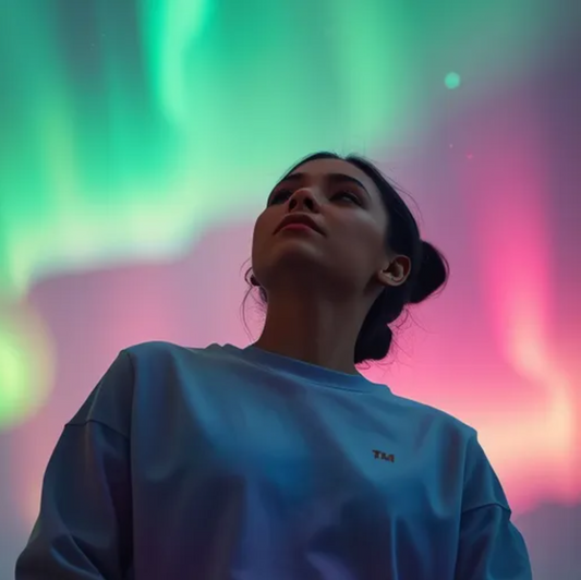 Young woman gazing up at the green aurora borealis, framed by glowing sky waves in the Arctic night.