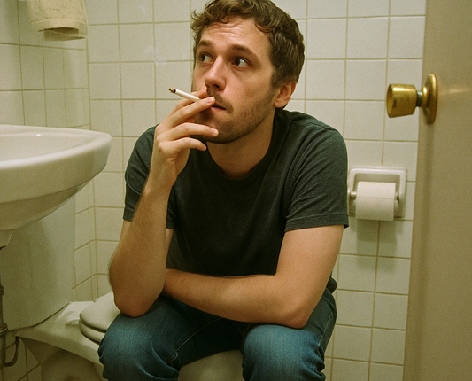 Young man sitting on a toilet in a small tiled bathroom, holding a lit cigarette, smoke rising, expression thoughtful and tired.