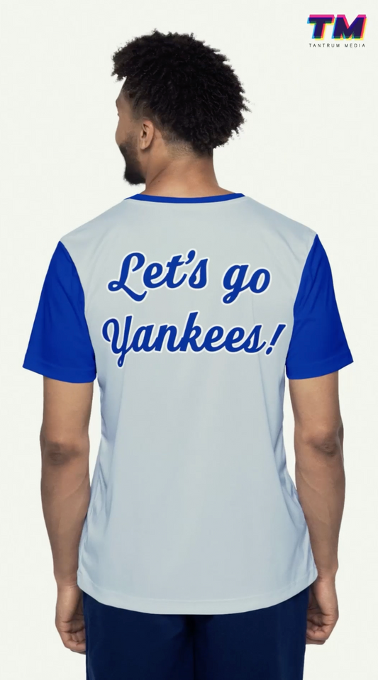 Person wearing a "Let's go Yankees!" shirt, viewed from behind, with blue and white team colors.