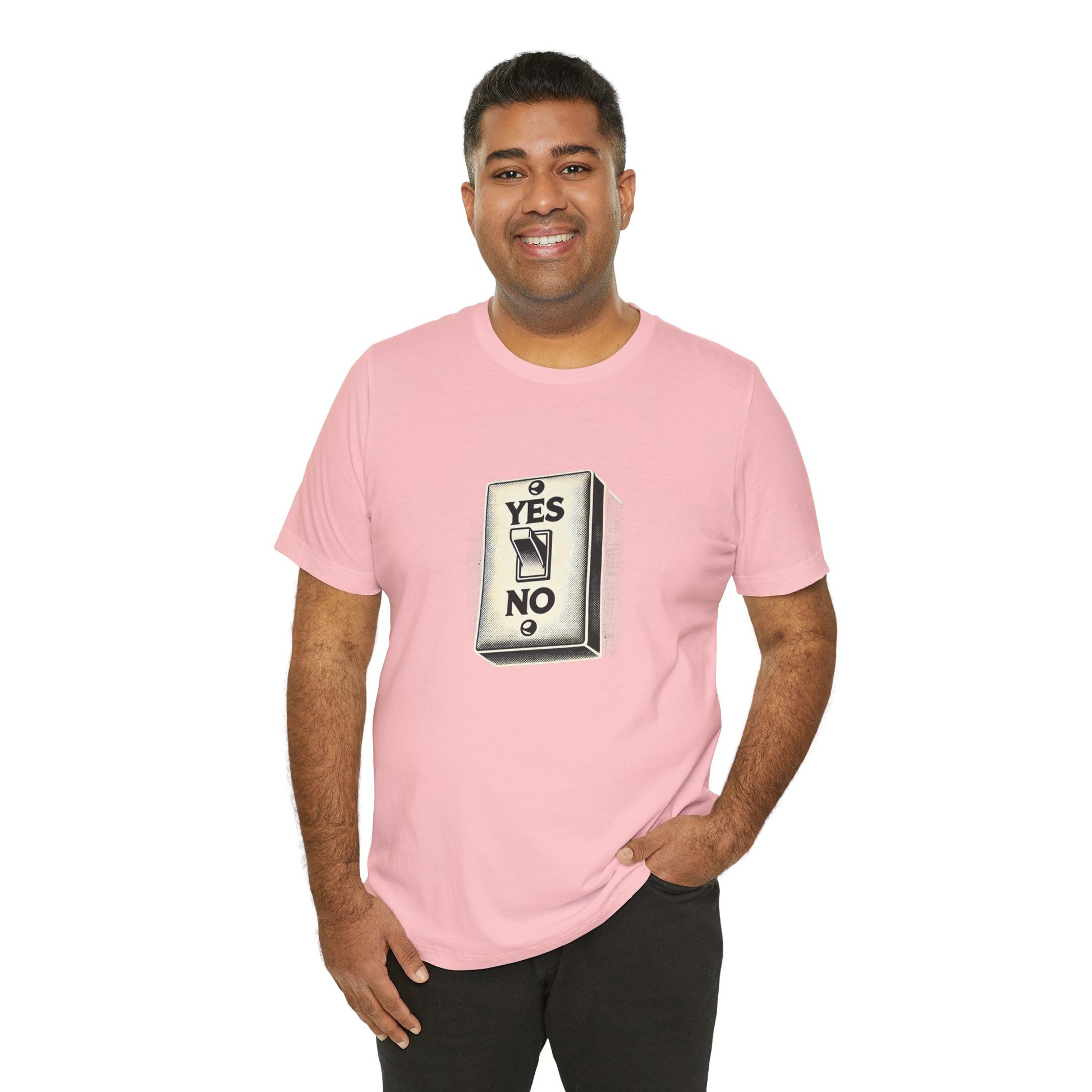 Model wearing pink YES/NO Switch Tee smiling confidently