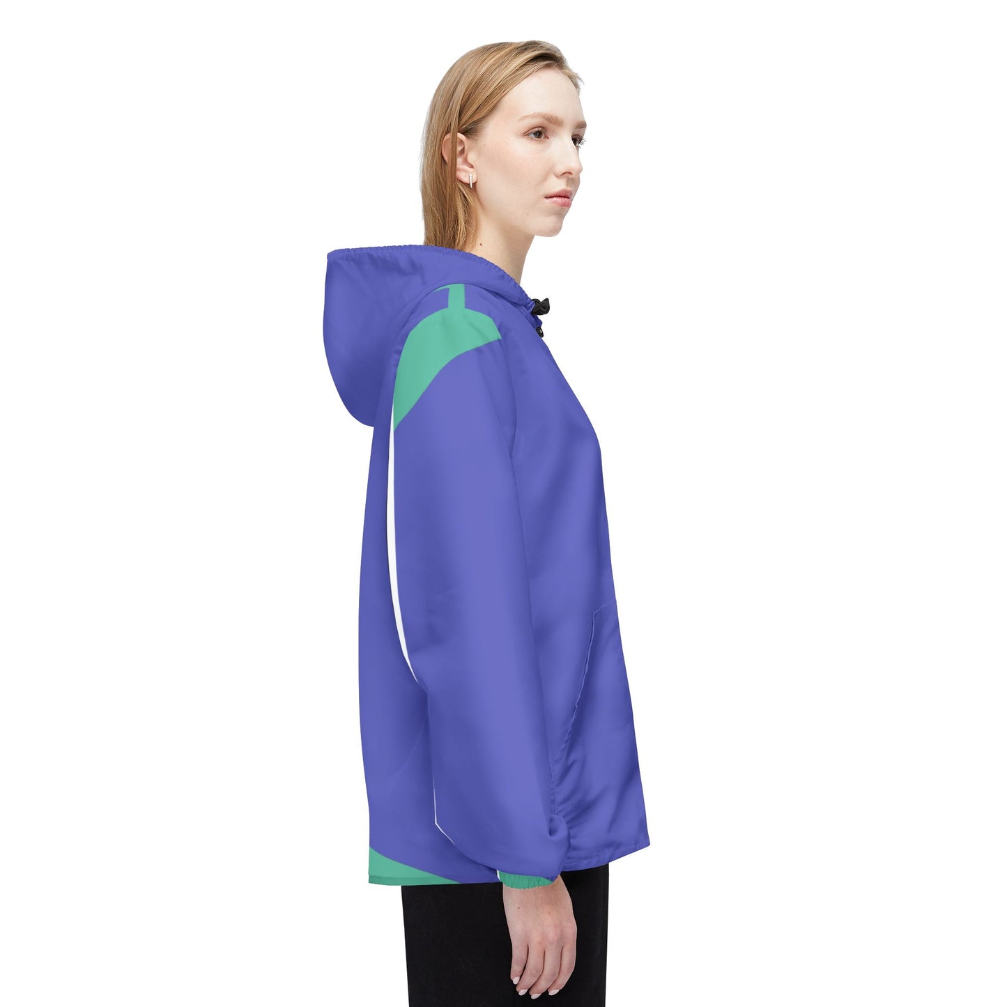 Female model side profile wearing Retro Lines Windbreaker Jacket with bold blue and green design.