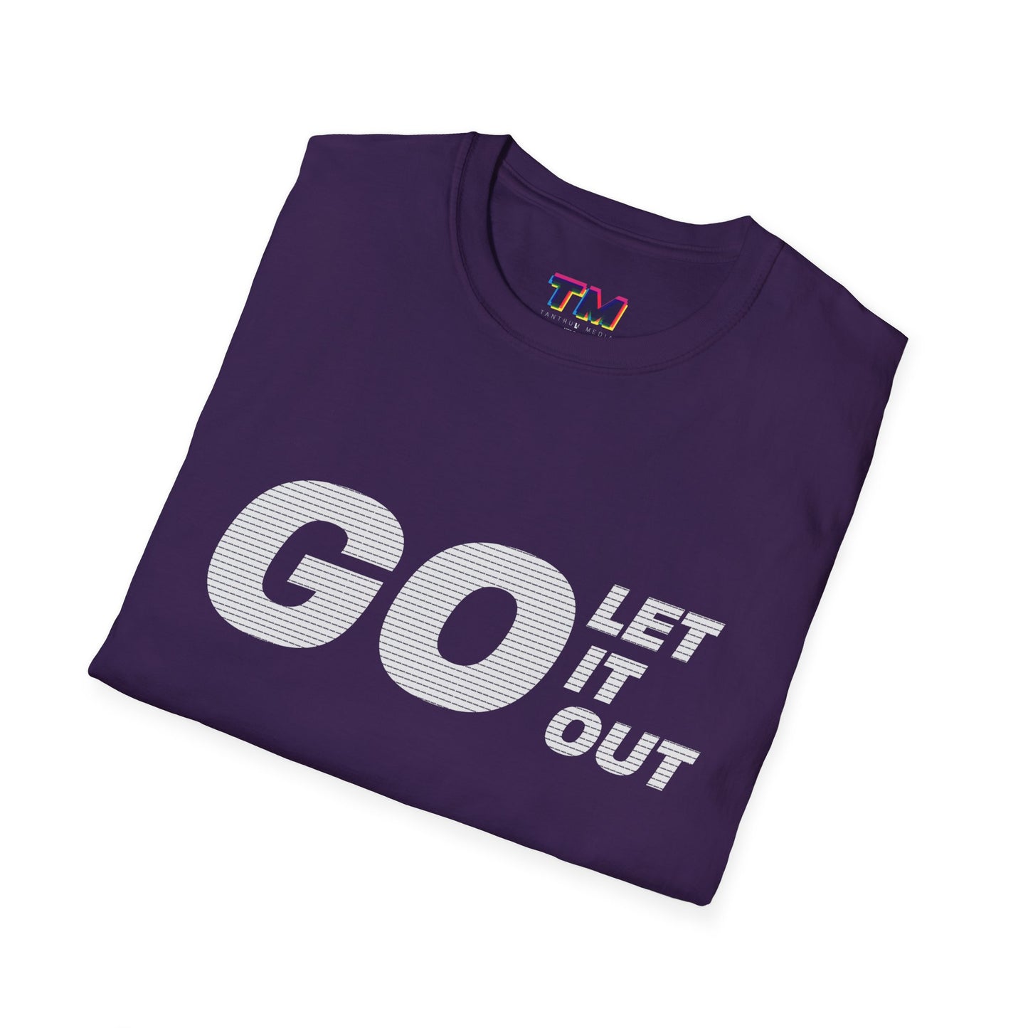 Folded purple t-shirt with 'GO LET IT OUT' text on a white background