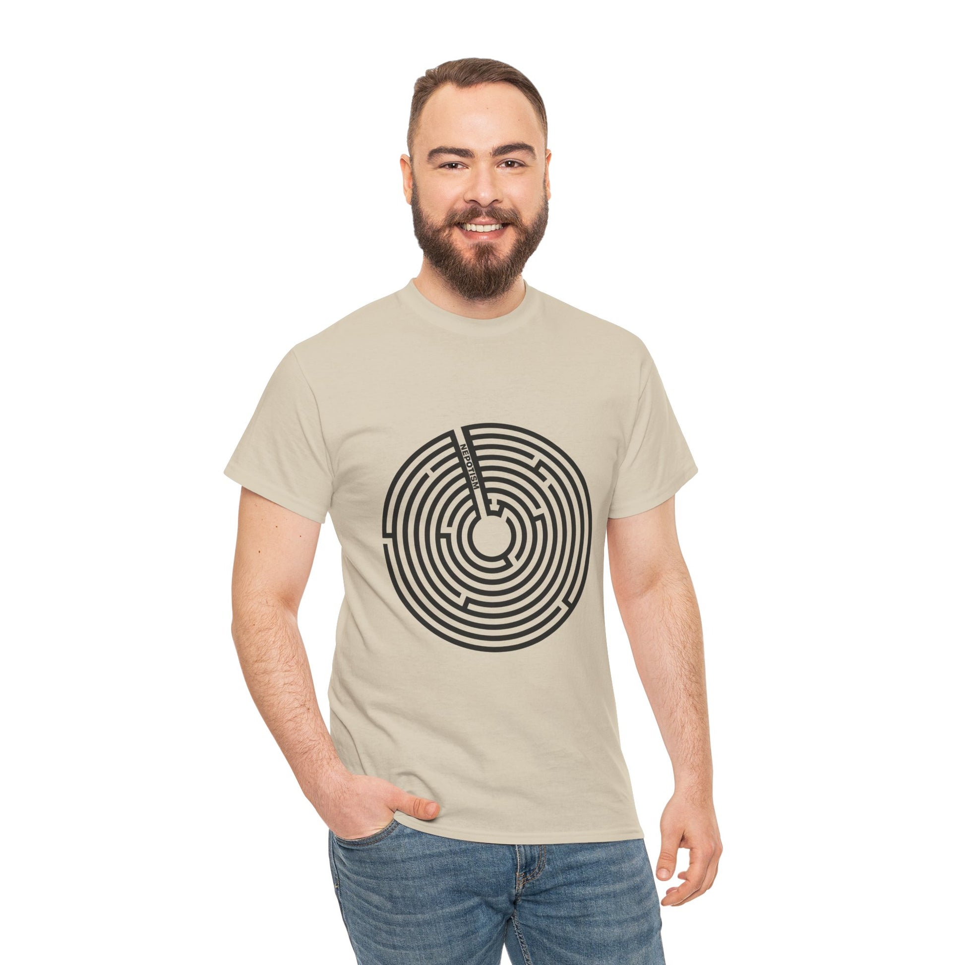 Beige Nepo T-Shirt modeled with maze circle print