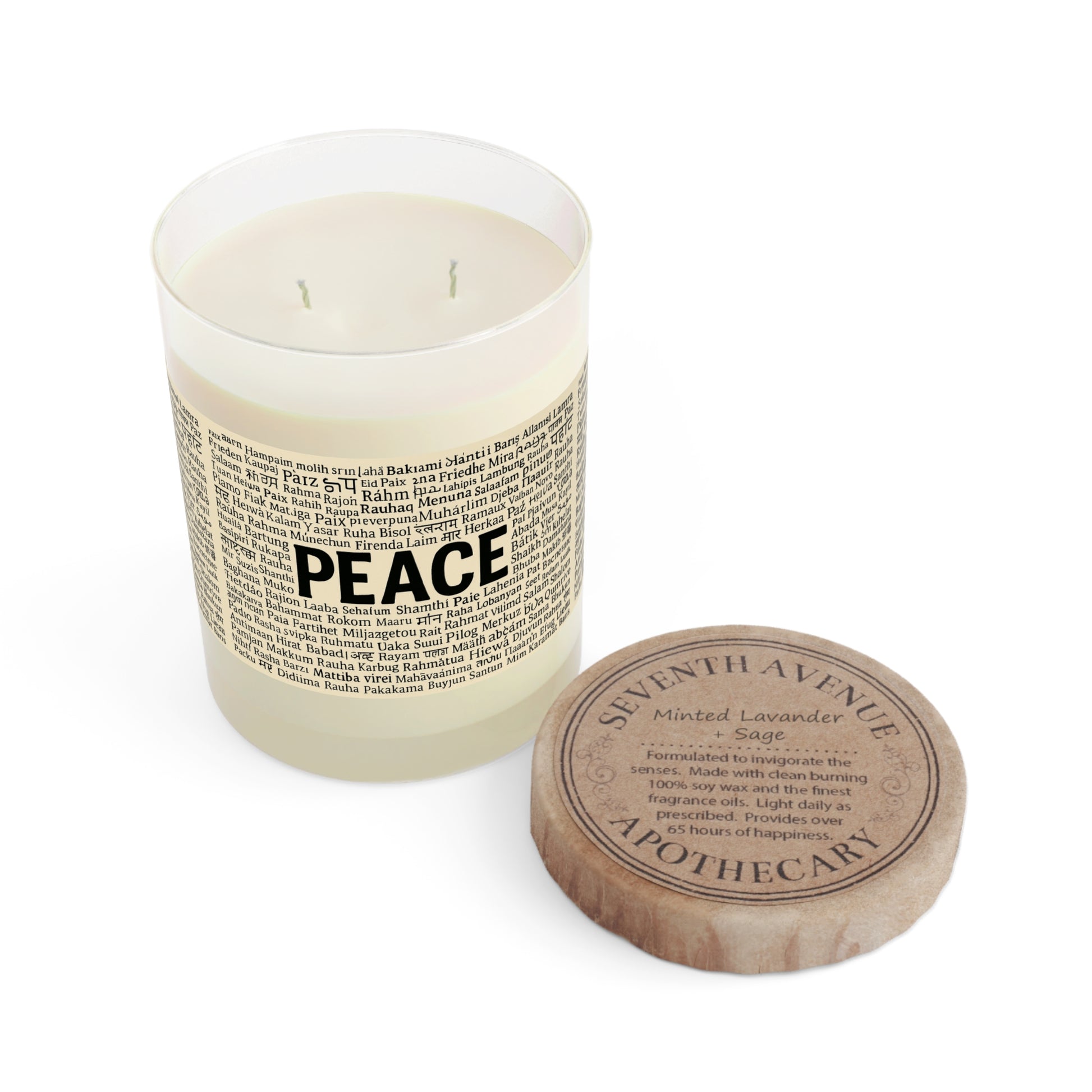 Candle with 'PEACE' text and Seventh Avenue Apothecary packaging on a white background