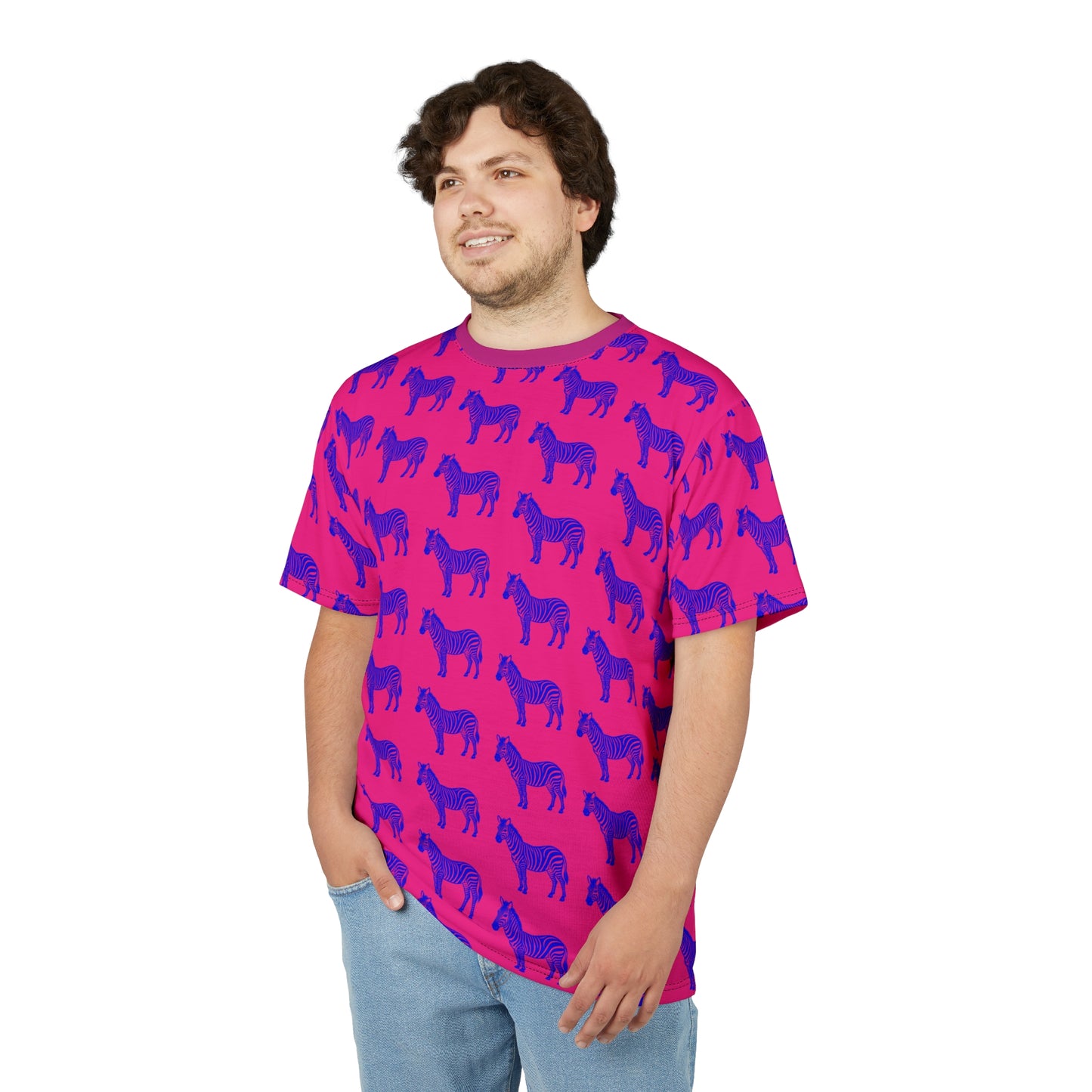 Man wearing Blue Zebra Unisex T-Shirt with bold zebra pattern, casual standing view.
