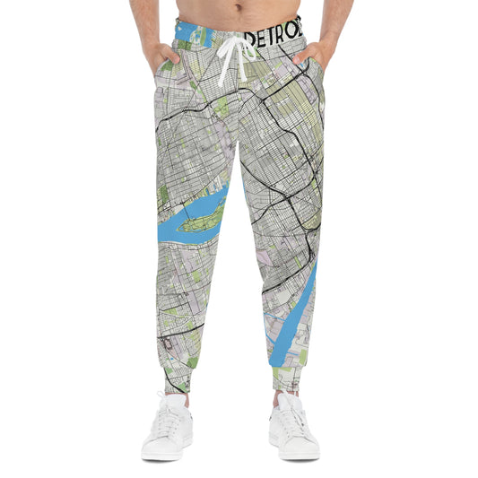 Front view of Detroit Joggers on model featuring detailed city map design