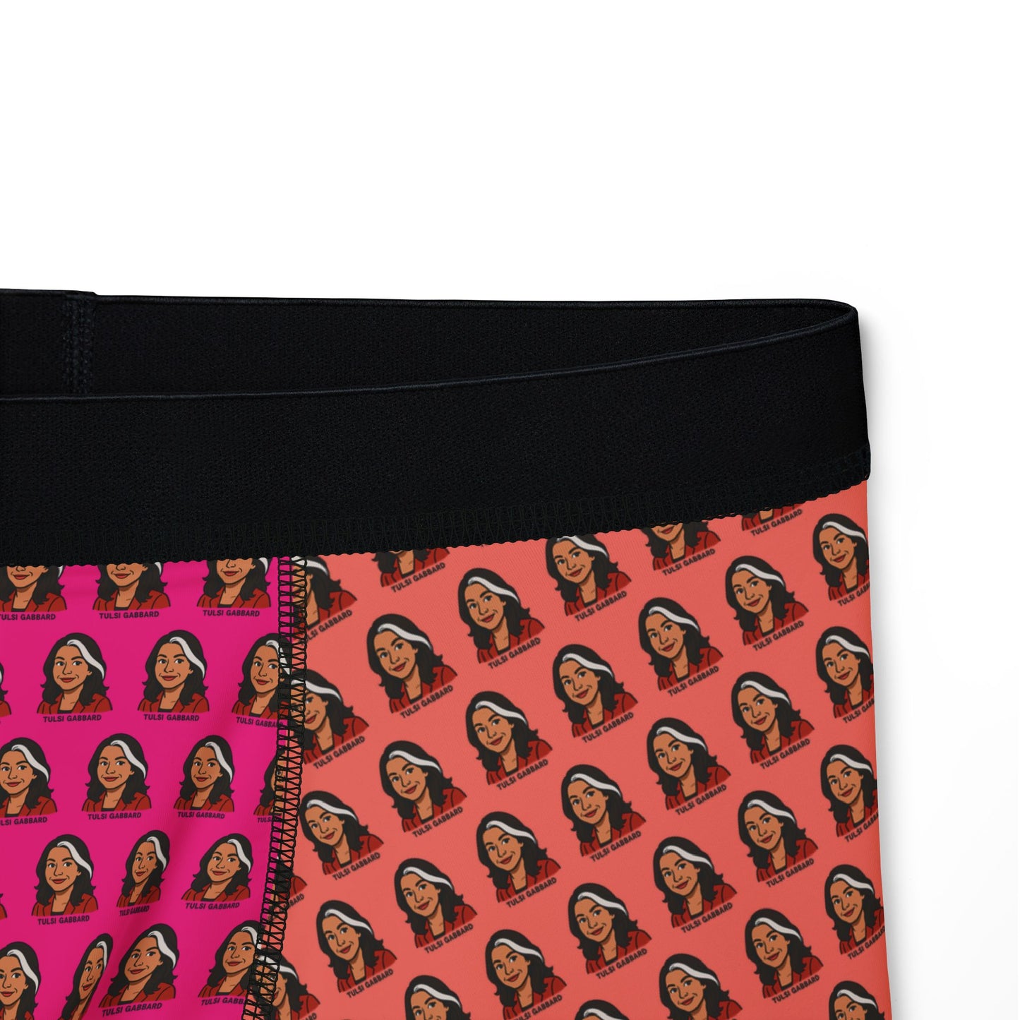 Close-up of Tulsi Gabbard face print pattern on boxer briefs fabric with pink-orange background