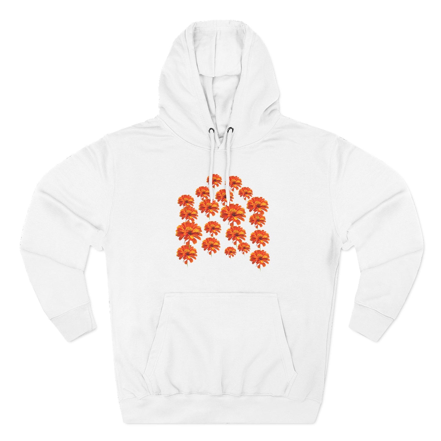 White Zinnia Hoodie flat lay with orange flower design
