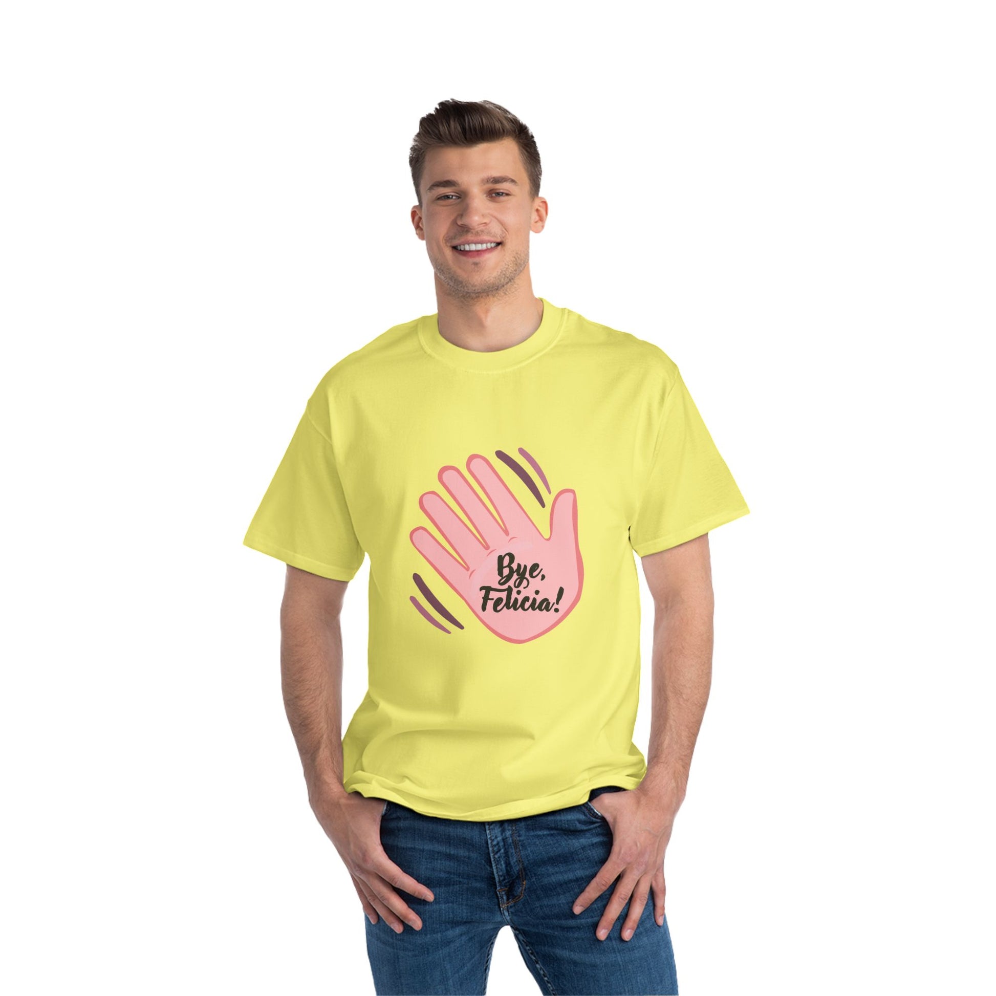 Man wearing yellow Bye Felicia T-Shirt with pink hand graphic