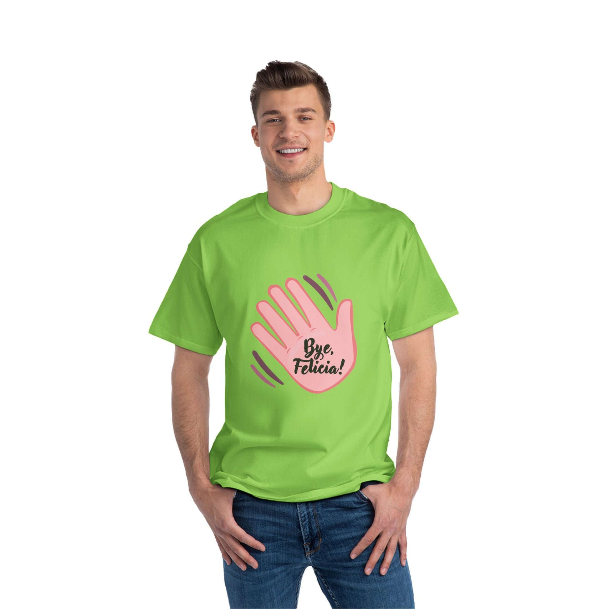 Man wearing green Bye Felicia T-Shirt with pink hand graphic