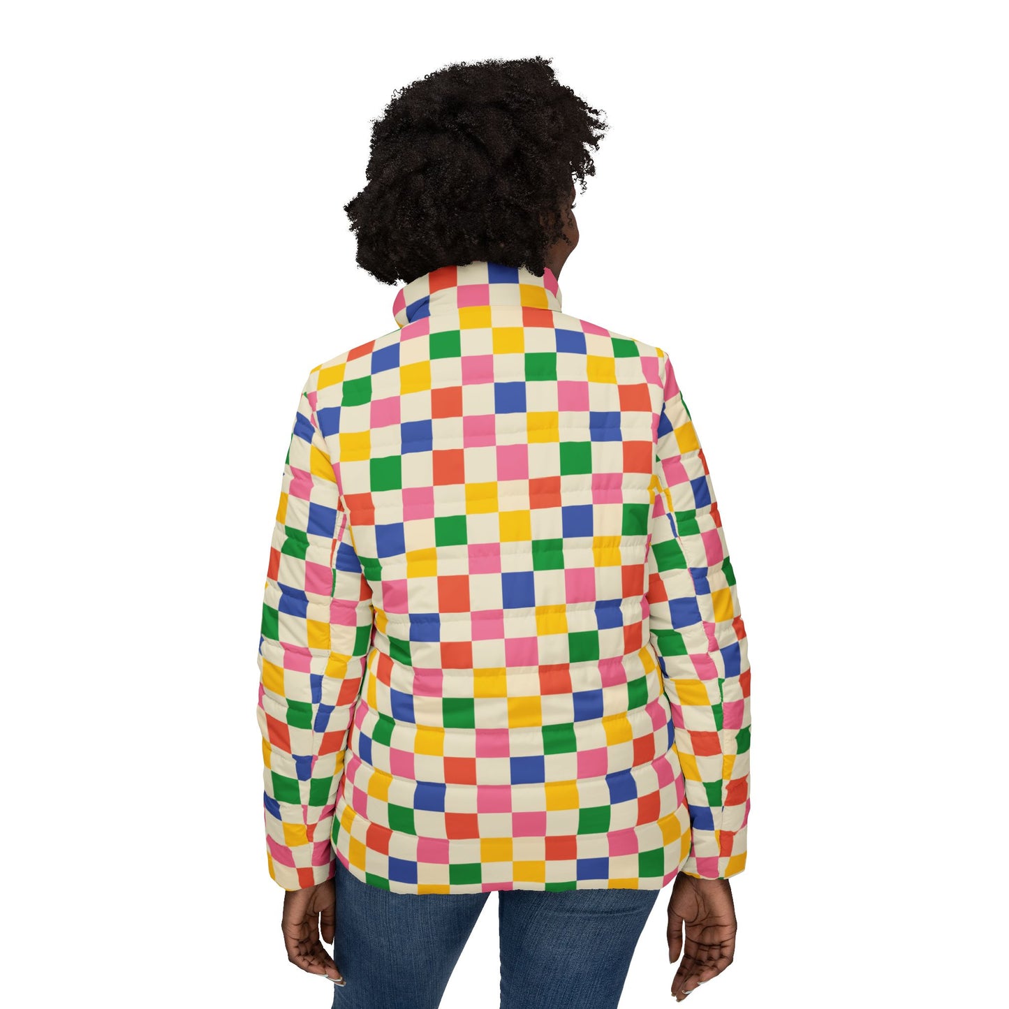 Women’s Colored Chess Pattern Puffer Jacket back view lightweight outerwear