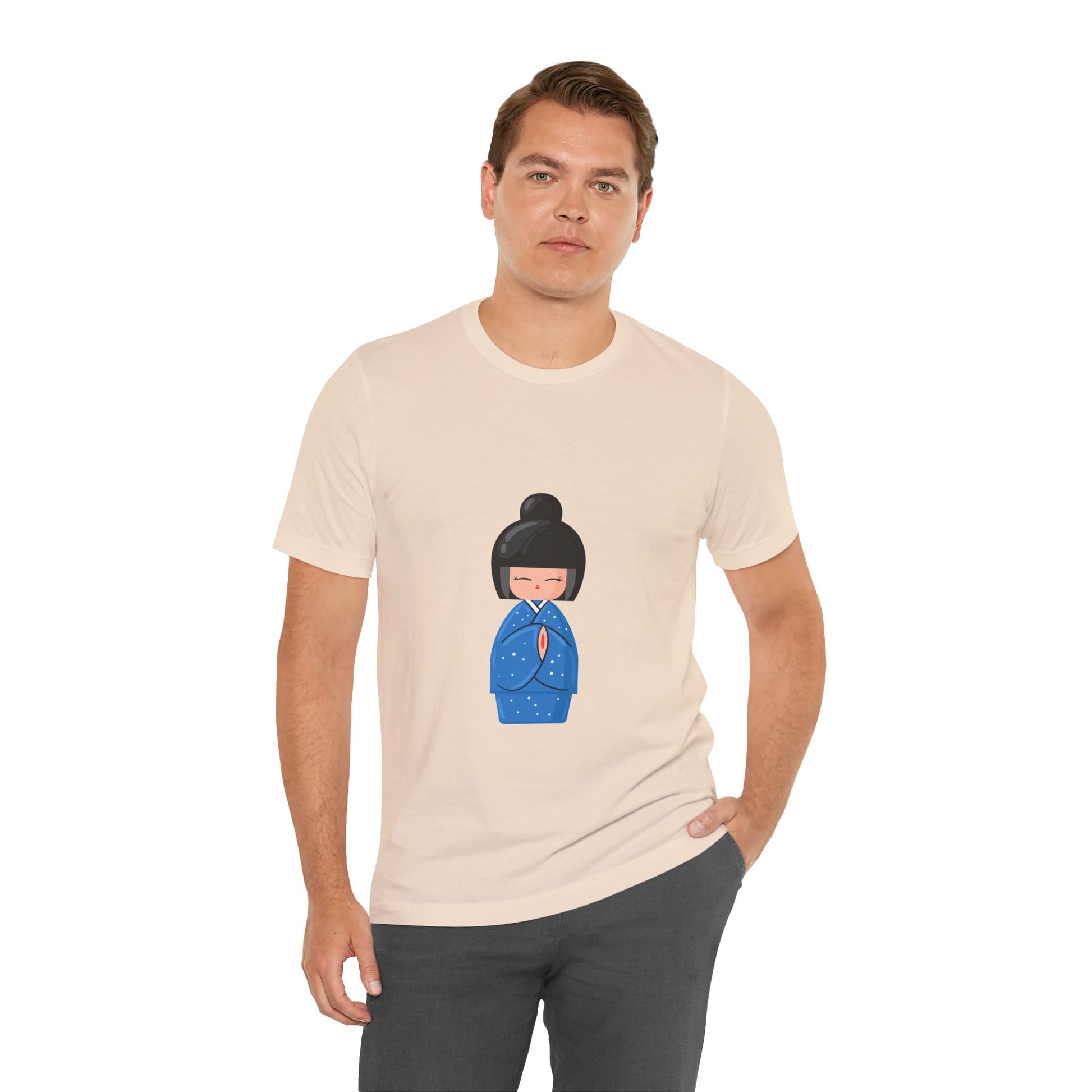 Man in beige Geisha Blue T-Shirt styled with jeans