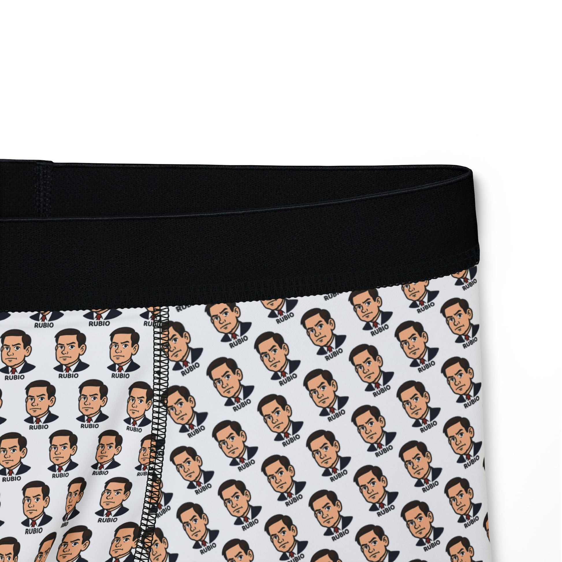 Close-up of waistband and upper section of boxer briefs with repeated Marco Rubio cartoon face pattern