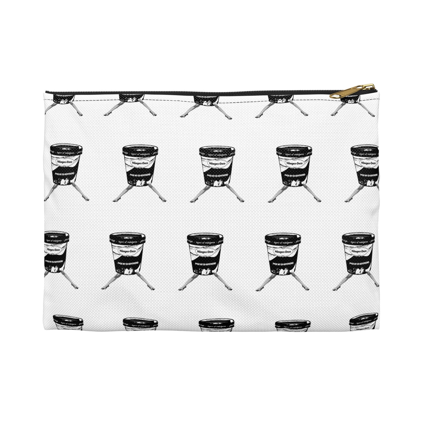 White zip pouch with repeating “F*ck My Ex Boyfriend” ice cream tub design, front view.
