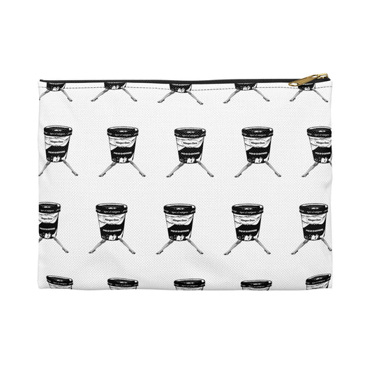 White zip pouch with repeating “F*ck My Ex Boyfriend” ice cream tub design, front view.