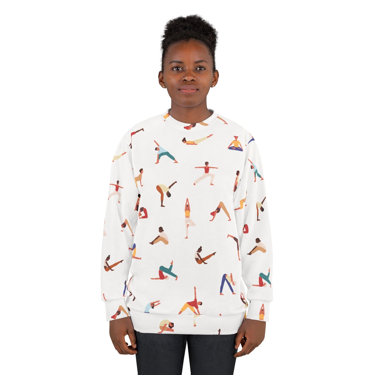 Female model wearing white Yogini Sweatshirt with yoga pose illustrations
