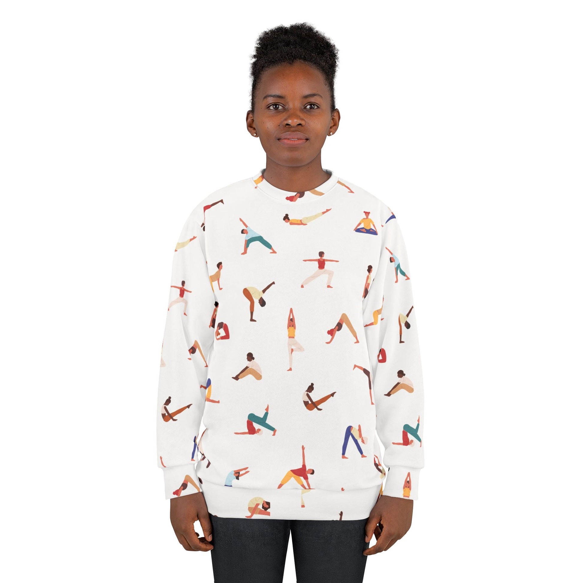 Female model wearing white Yogini Sweatshirt with yoga pose illustrations