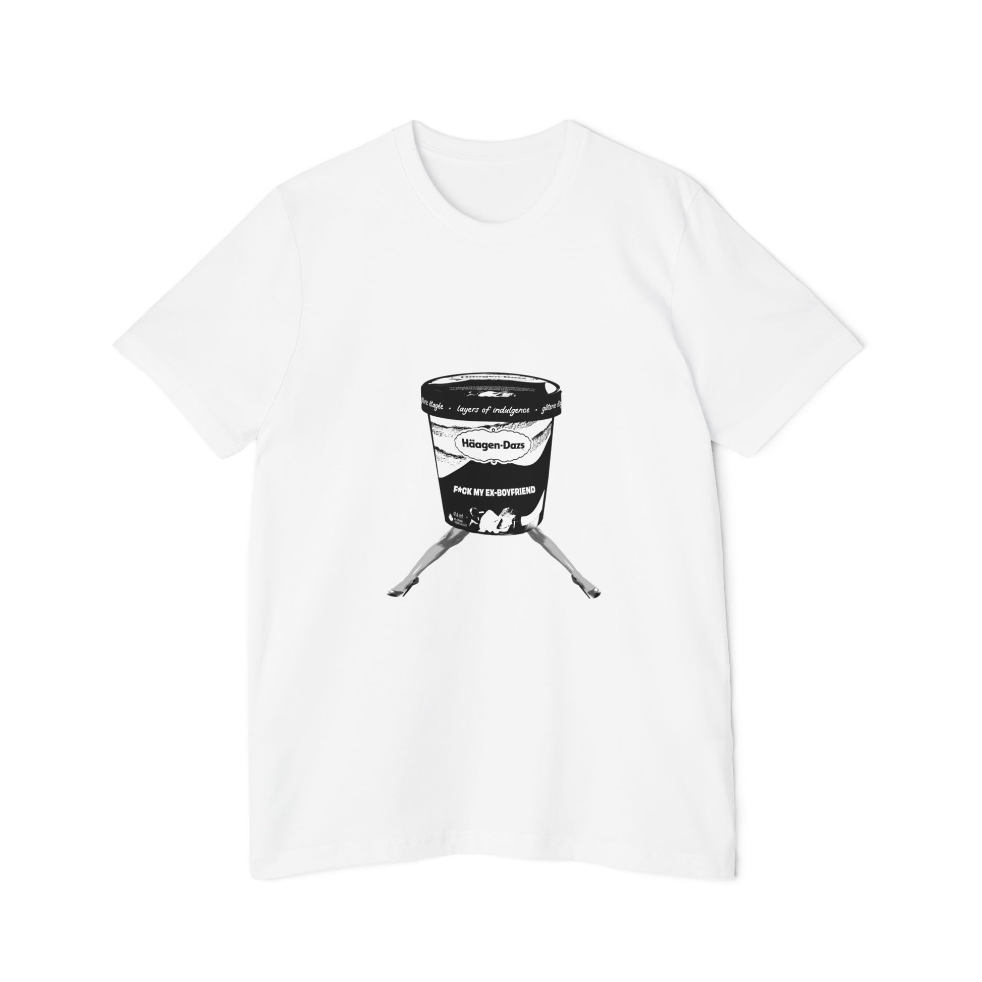 Flat lay of white unisex t-shirt with black “F*ck My Ex Boyfriend” graphic