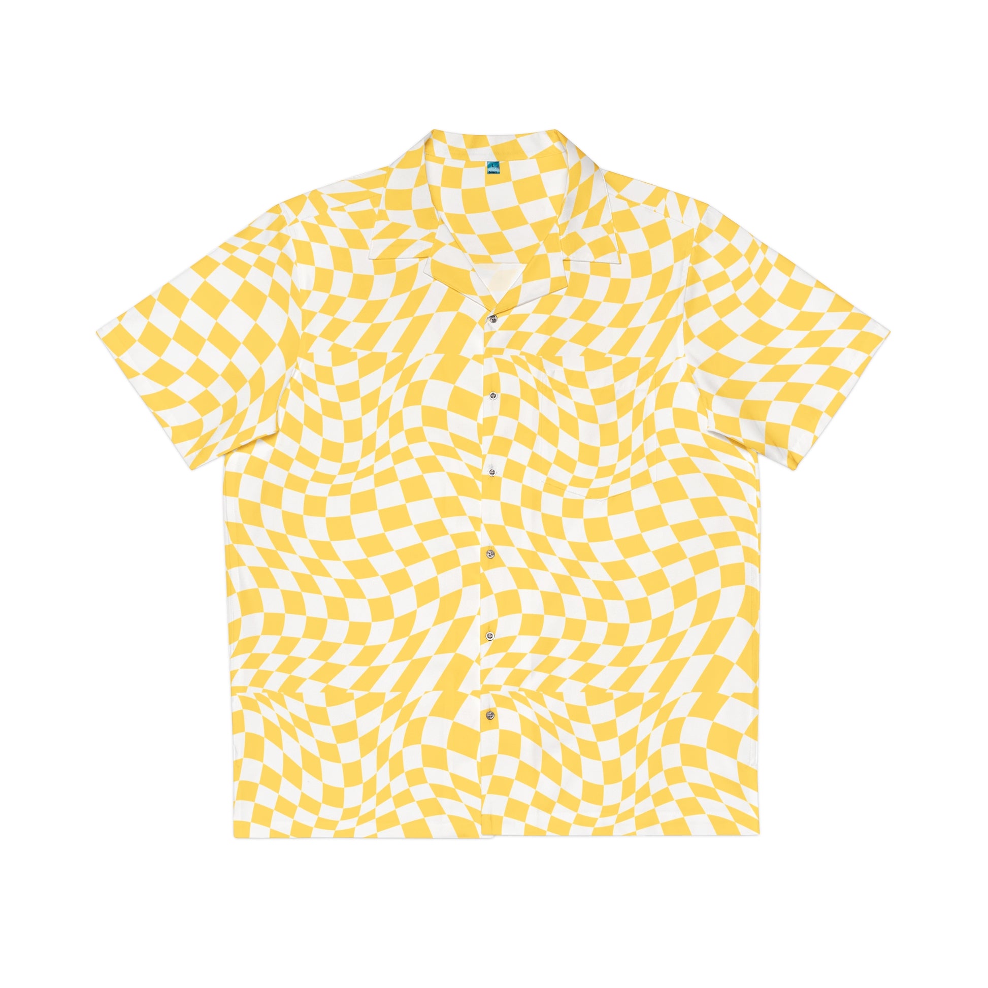 Men’s Yellow Optical Illusion Shirt with a warped checkerboard design, short sleeves, lightweight breathable fabric, and a relaxed fit for streetwear and festival fashion.