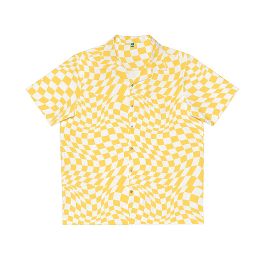 Men’s Yellow Optical Illusion Shirt with a warped checkerboard design, short sleeves, lightweight breathable fabric, and a relaxed fit for streetwear and festival fashion.