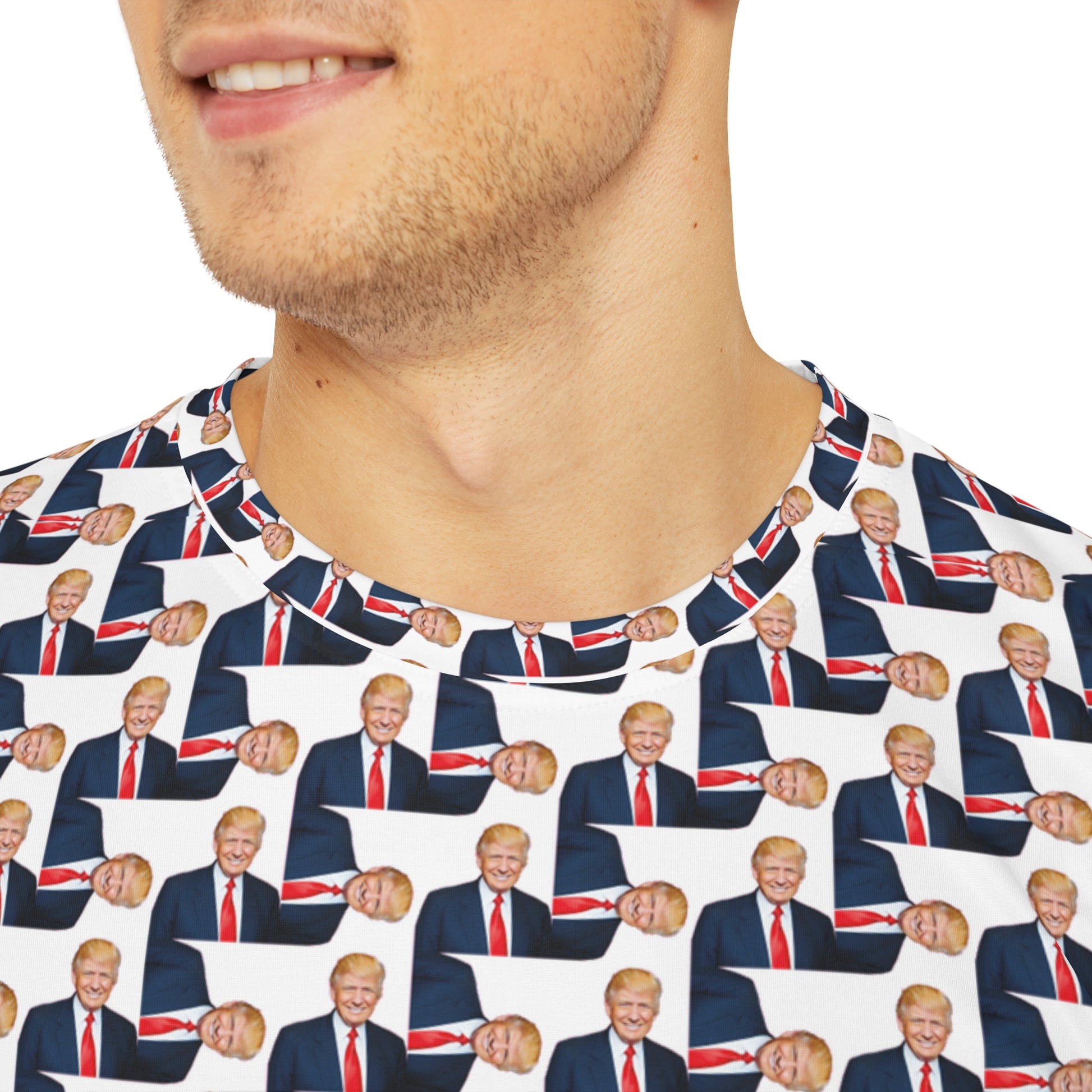 Close-up of neckline showing detailed all-over print of The Donald men’s T-shirt