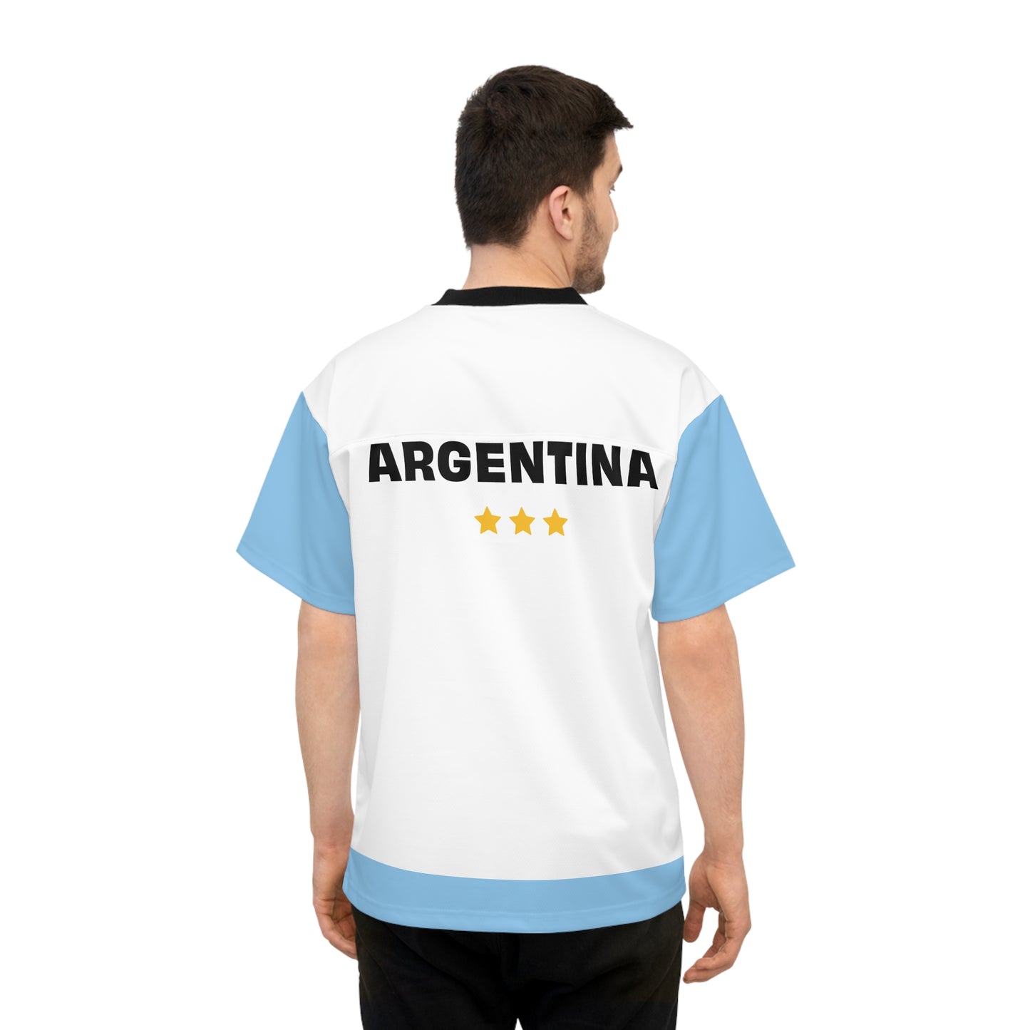 argentina football jersey back view male model argentina text three stars champions