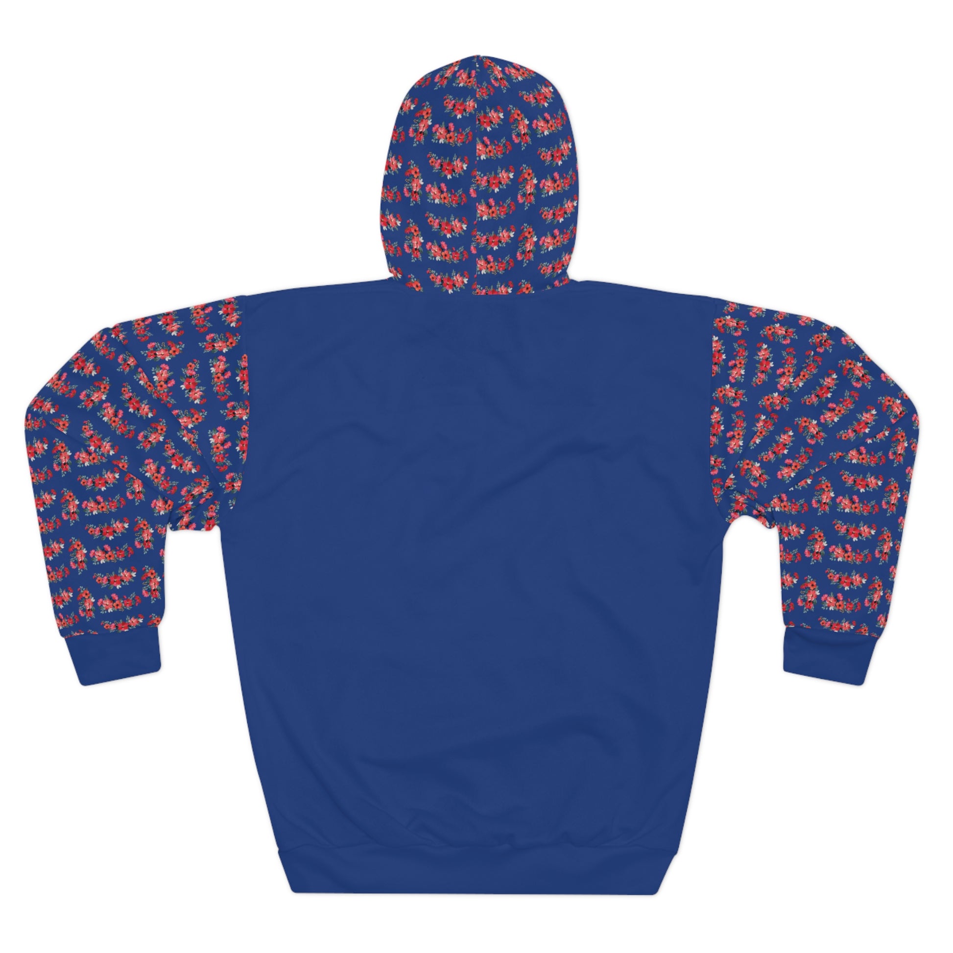 Back of a royal blue unisex hoodie featuring red floral patterned sleeves and front pocket, standing against a white background.