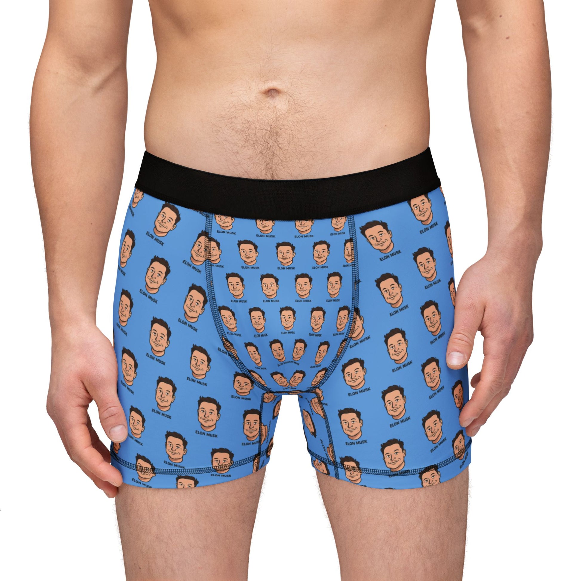Straight-on front view of Elon Musk Boxer Briefs on model, highlighting print placement and fit.