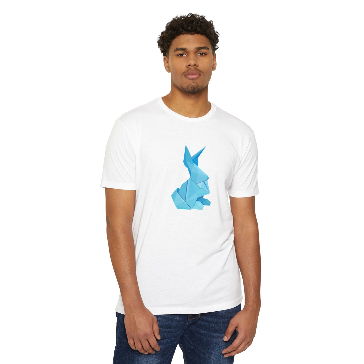 Man wearing white Origami Bunny T-Shirt with blue origami bunny graphic.