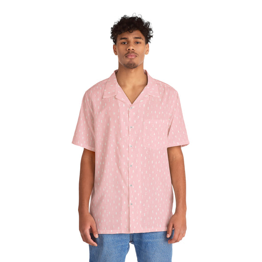 Men’s Pink Alphabet Print Short Sleeve Button-Up Shirt featuring a stylish letter pattern, soft pastel color, and lightweight breathable fabric for modern casual wear.