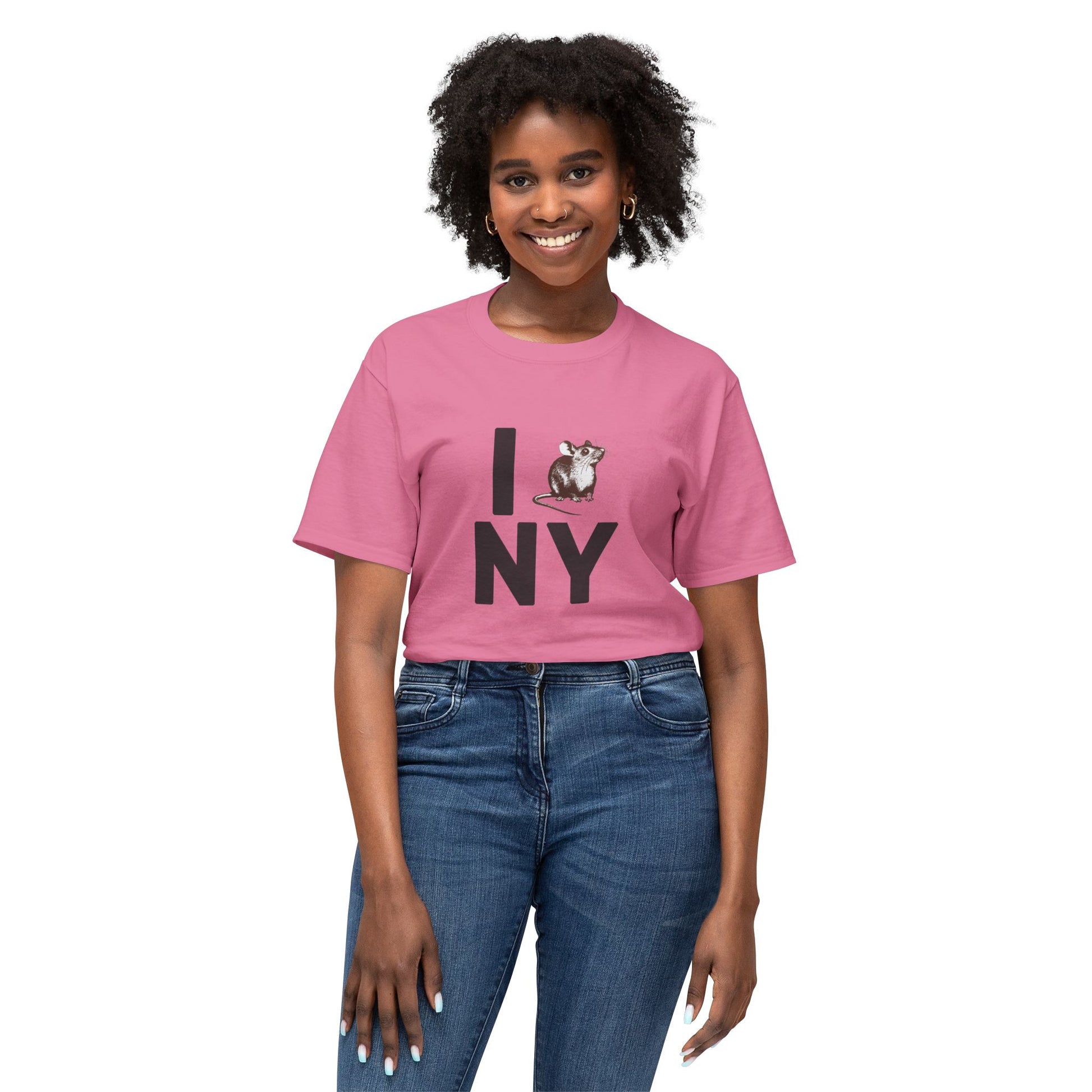 Female model wearing hot pink NY RAT T-Shirt with bold parody rat design.