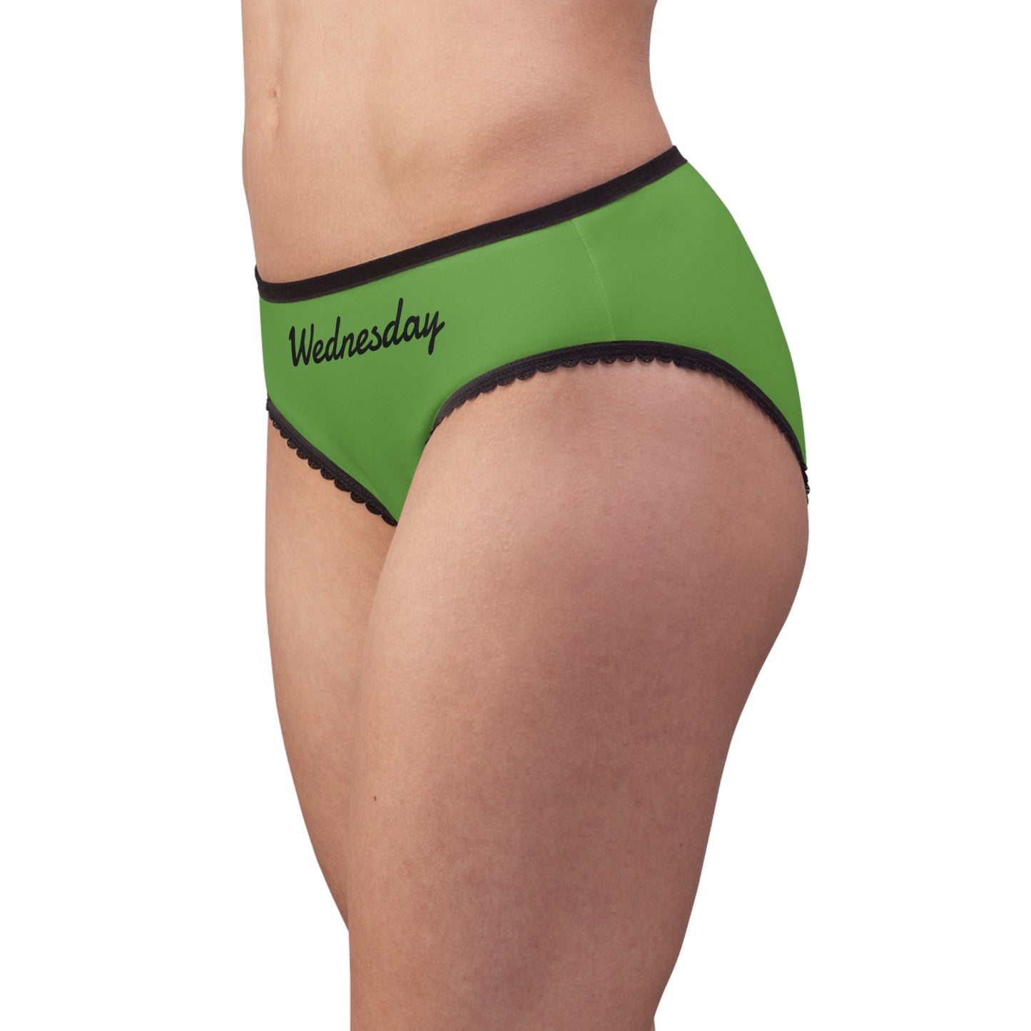 woman wearing wednesday panty side view green briefs black trim