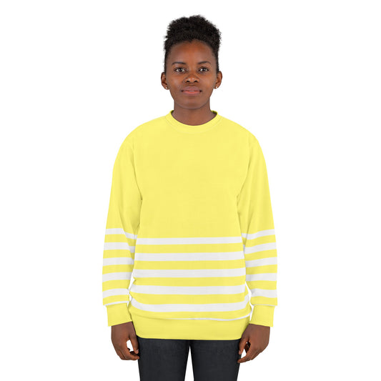 Front view of yellow striped sweatshirt on model with crew neck design