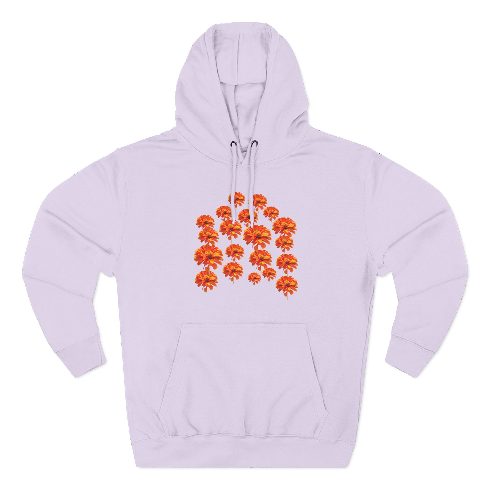 Lavender Zinnia Hoodie flat lay with orange flower design