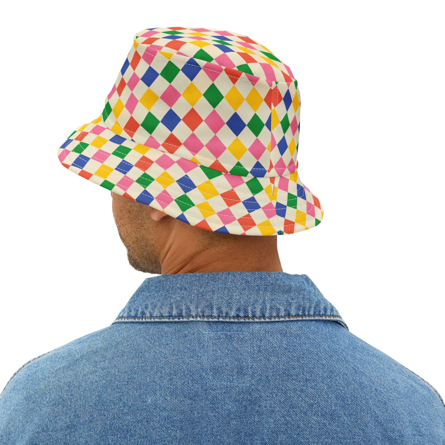 Back view of Colored Squares Bucket Hat worn by a person in denim jacket.