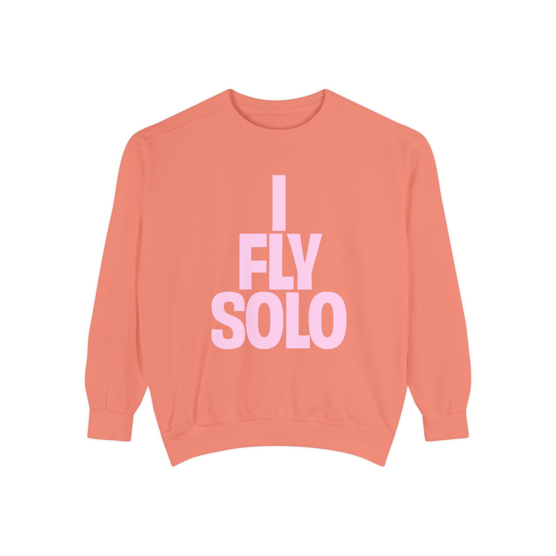 Coral sweatshirt with 'I Fly Solo' text on a white background