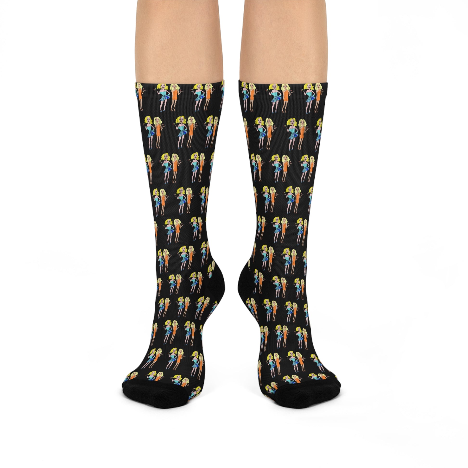 Front view of legs wearing waitress cushioned crew socks with all-over print.